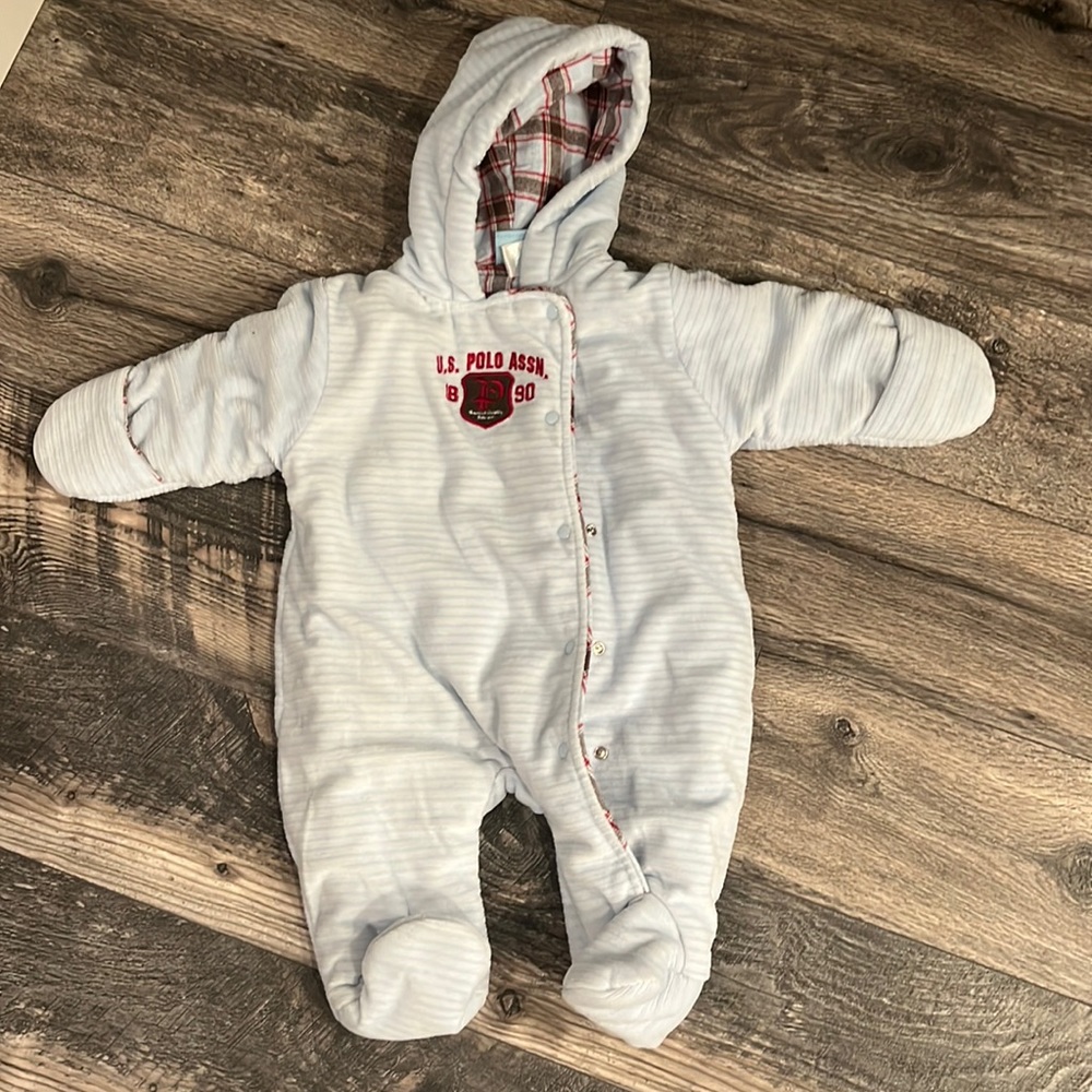 U.S. POLO ASSN. 3-6 months baby boy snowsuit light blue cotton lined guc